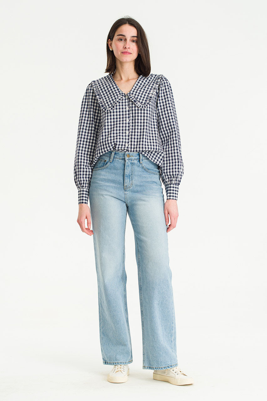 Soi Frill Collar Gingham Blouse, Blue