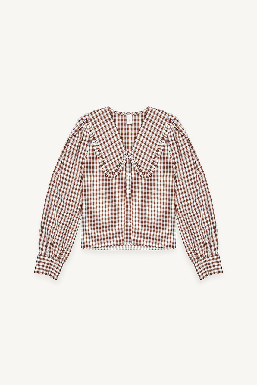 Soi Frill Collar Gingham Blouse, Brown