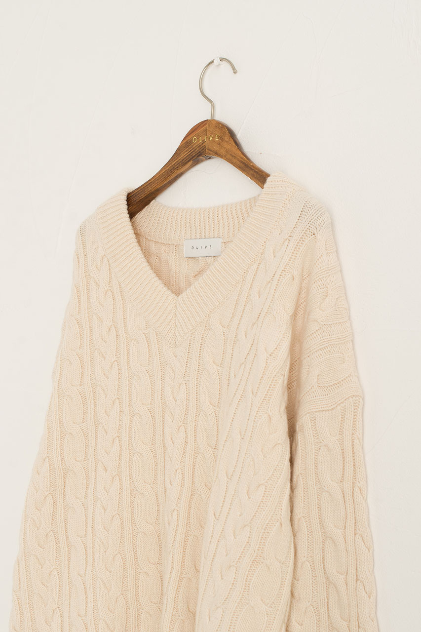 Chunky Cable V Neck Jumper, Cream
