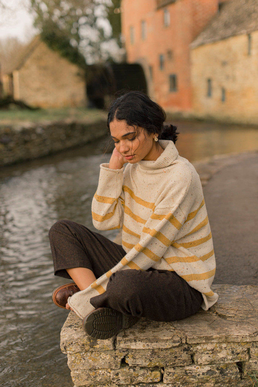 Oversize Stripe Boucle Roll Neck Jumper, Ivory/Mustard