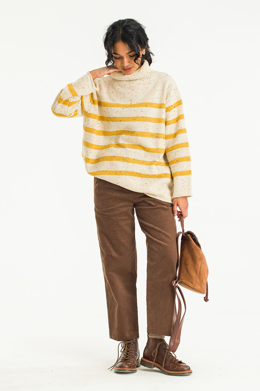 Oversize Stripe Boucle Roll Neck Jumper, Ivory/Mustard