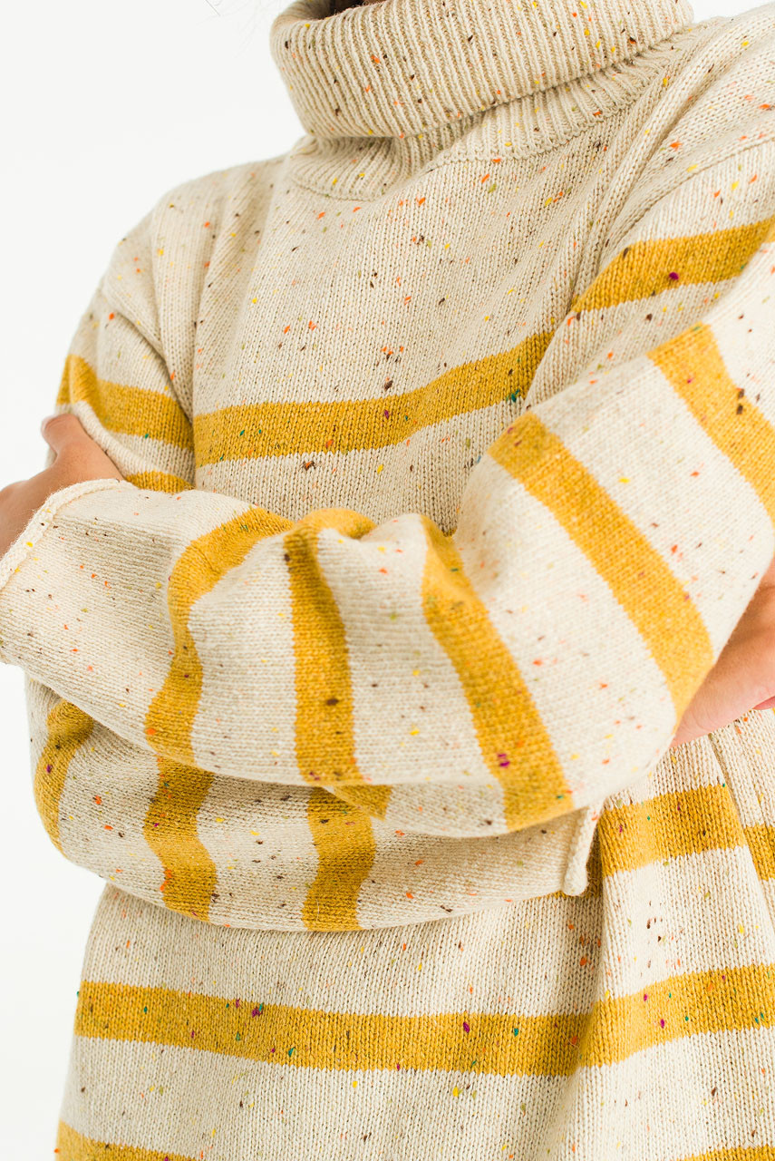 Oversize Stripe Boucle Roll Neck Jumper, Ivory/Mustard