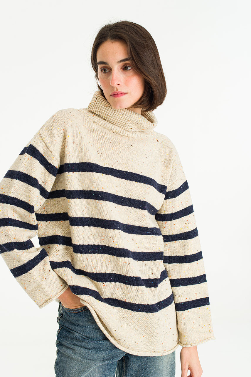 Oversize Stripe Boucle Roll Neck Jumper, Ivory/Navy