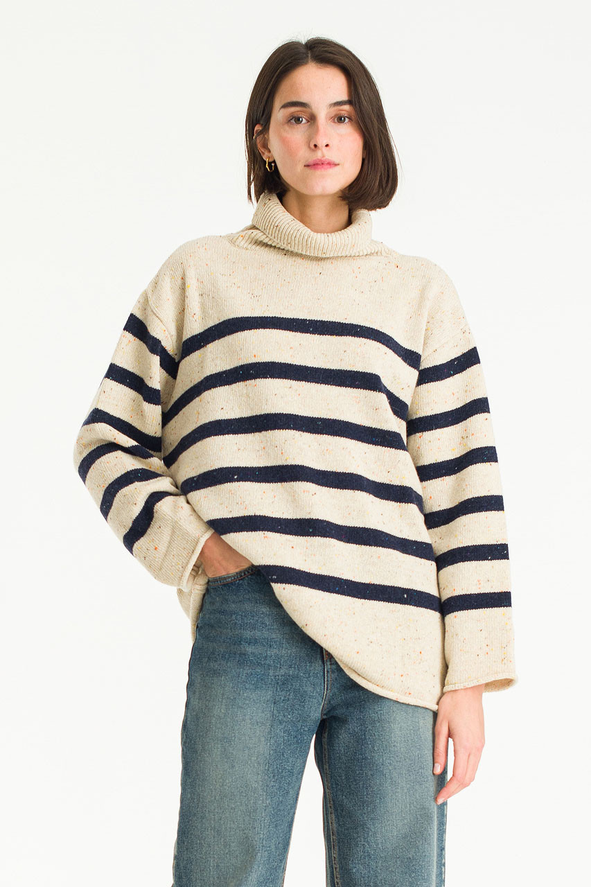 Oversize Stripe Boucle Roll Neck Jumper, Ivory/Navy