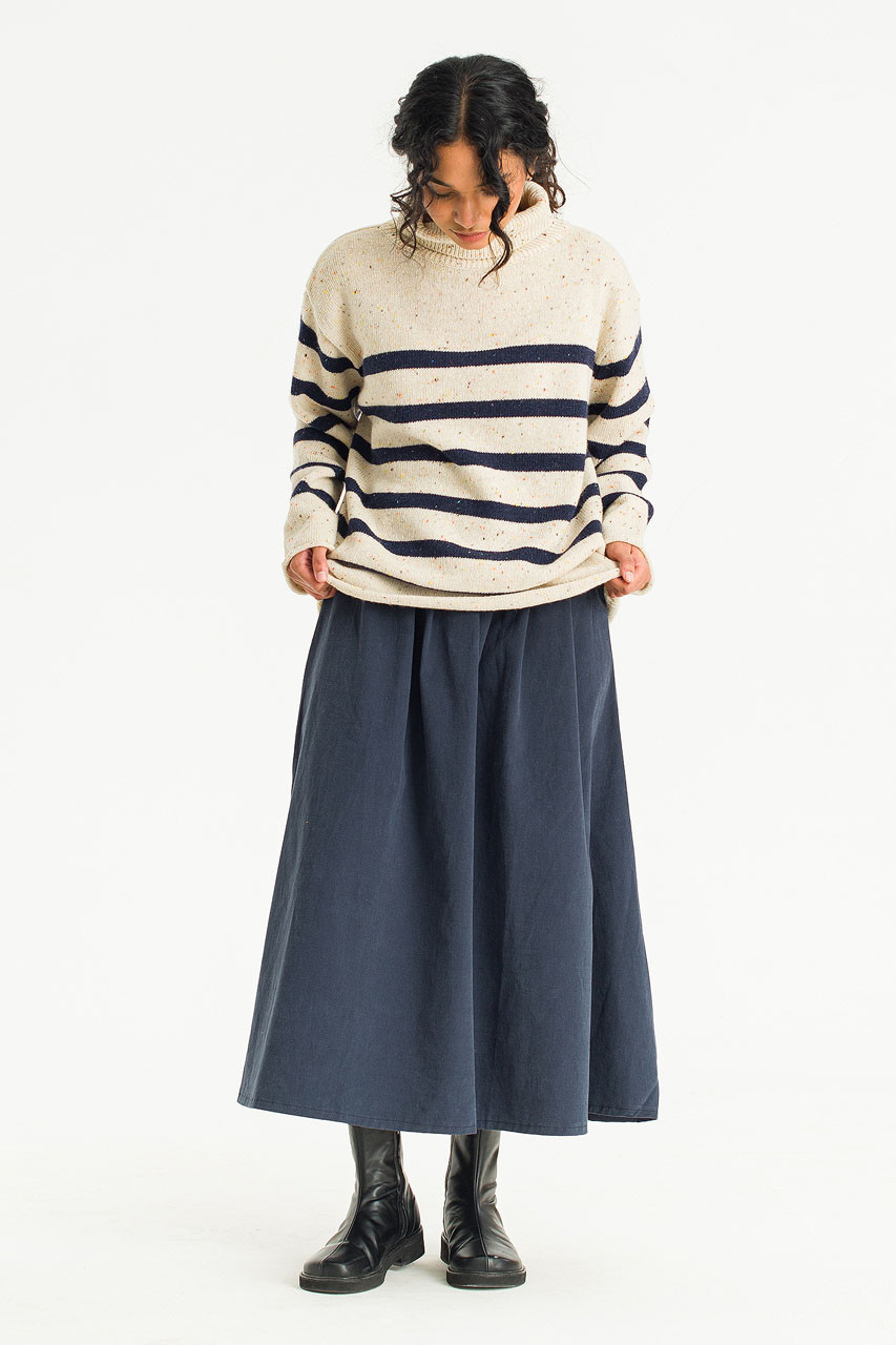 Oversize Stripe Boucle Roll Neck Jumper, Ivory/Navy