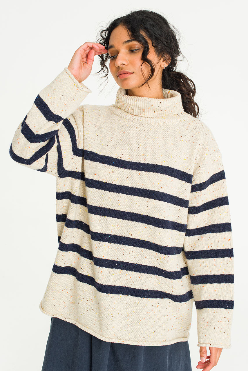 Oversize Stripe Boucle Roll Neck Jumper, Ivory/Navy