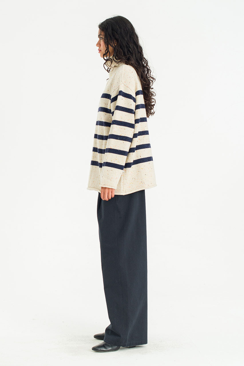 Oversize Stripe Boucle Roll Neck Jumper, Ivory/Navy