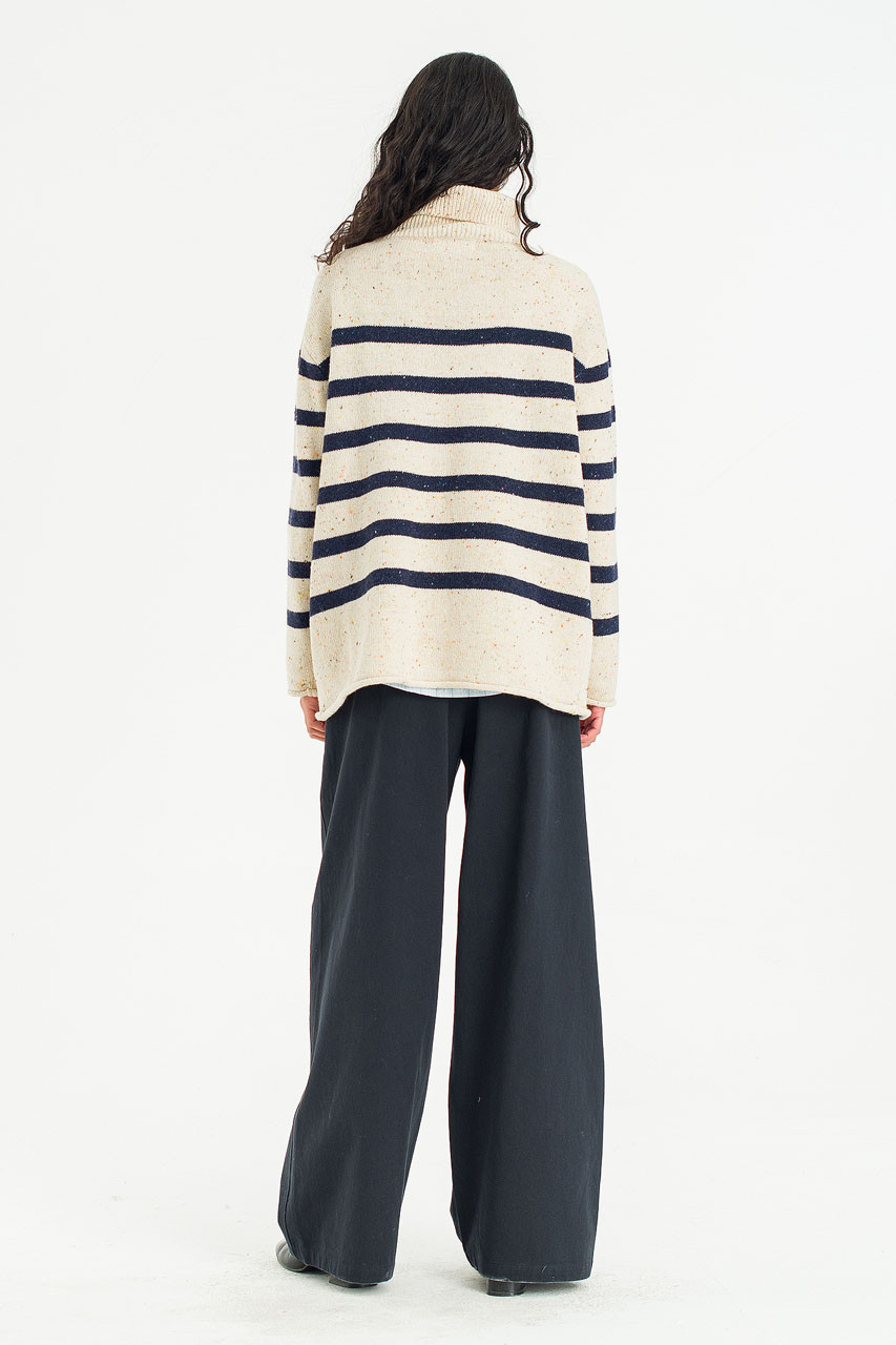 Oversize Stripe Boucle Roll Neck Jumper, Ivory/Navy