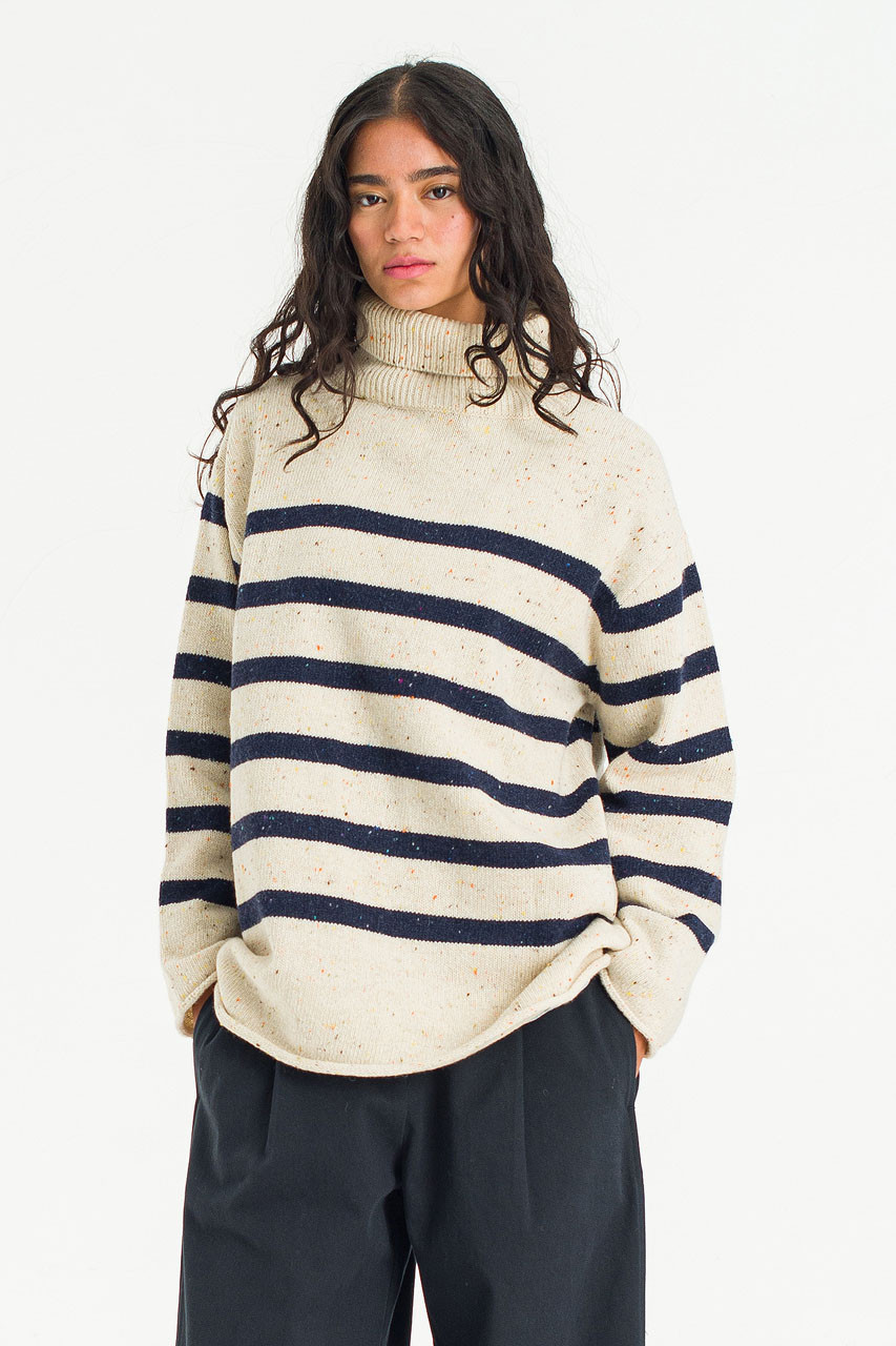 Oversize Stripe Boucle Roll Neck Jumper, Ivory/Navy