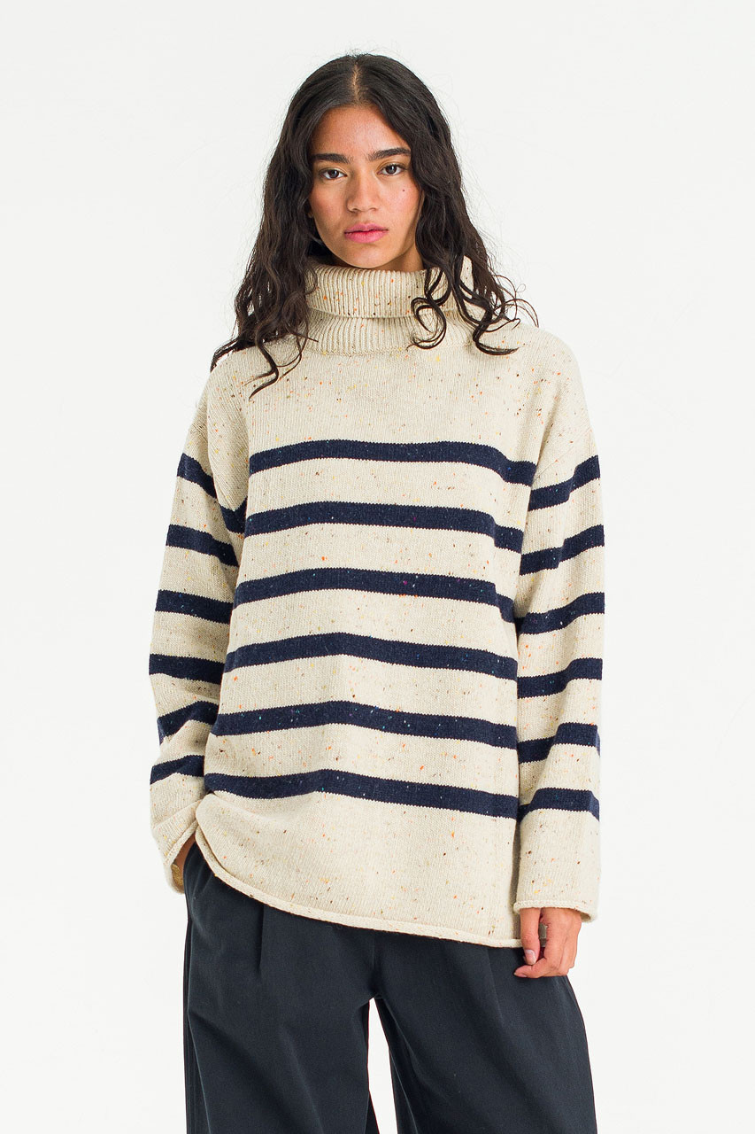 Oversize Stripe Boucle Roll Neck Jumper, Ivory/Navy