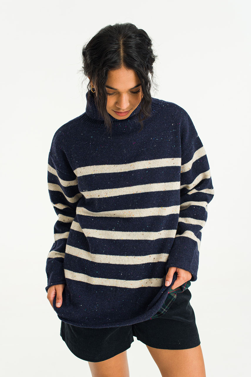 Oversize Stripe Boucle Roll Neck Jumper, Navy/Ivory