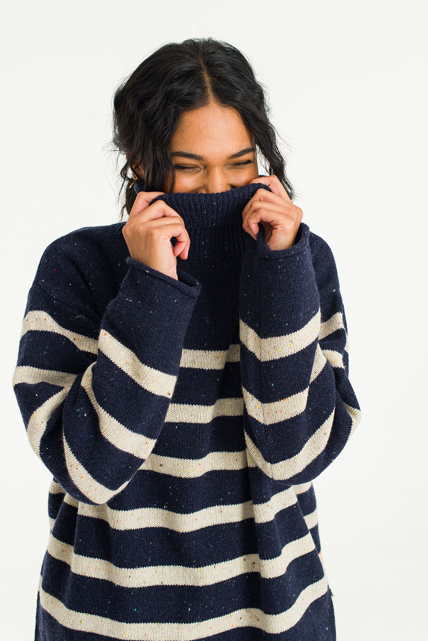 Oversize Stripe Boucle Roll Neck Jumper, Navy/Ivory