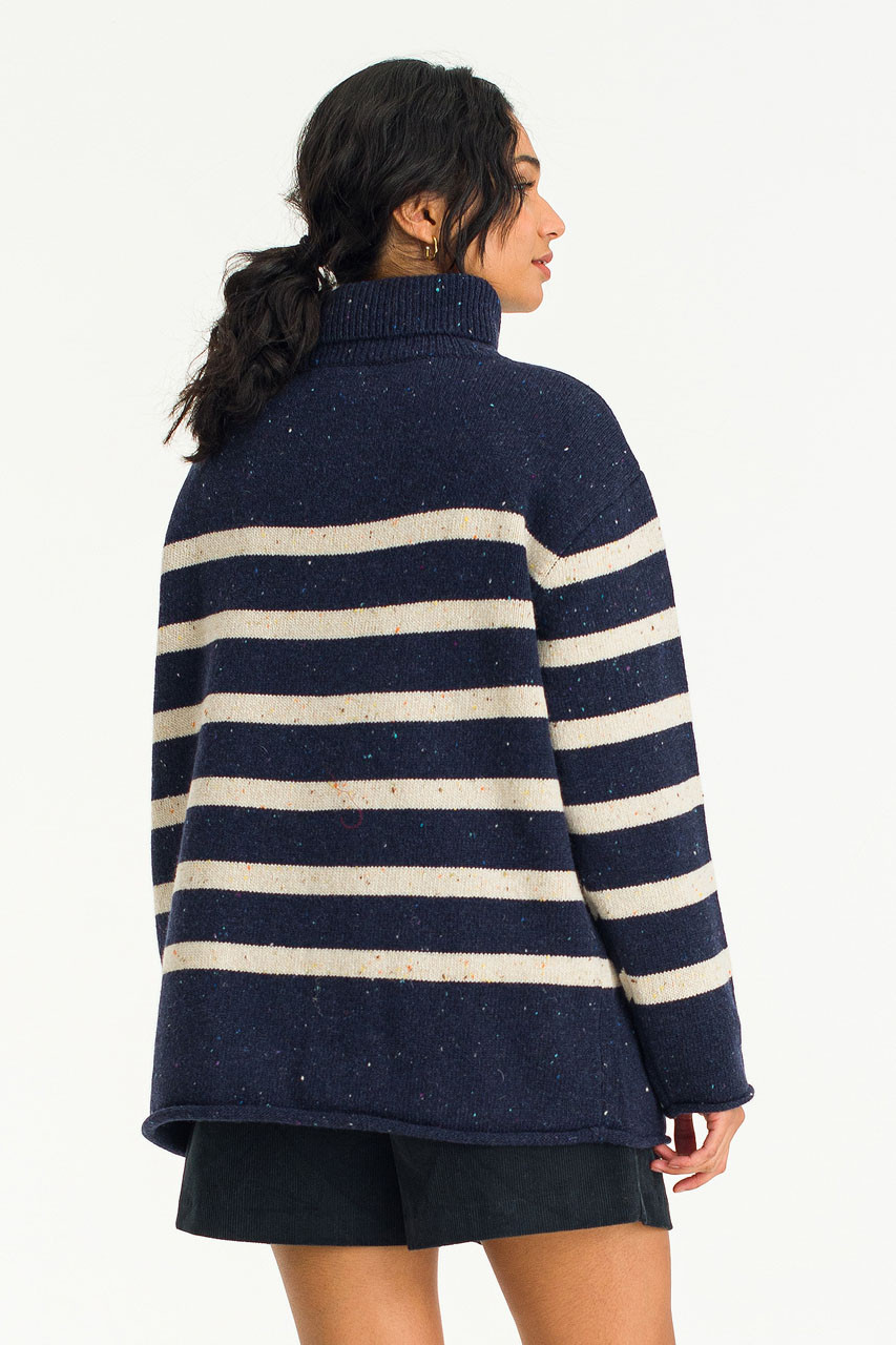 Oversize Stripe Boucle Roll Neck Jumper, Navy/Ivory