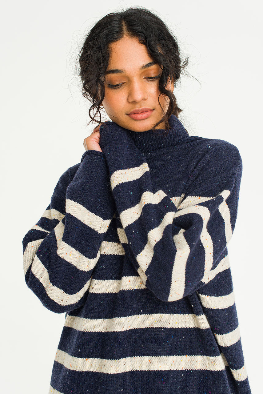 Oversize Stripe Boucle Roll Neck Jumper, Navy/Ivory