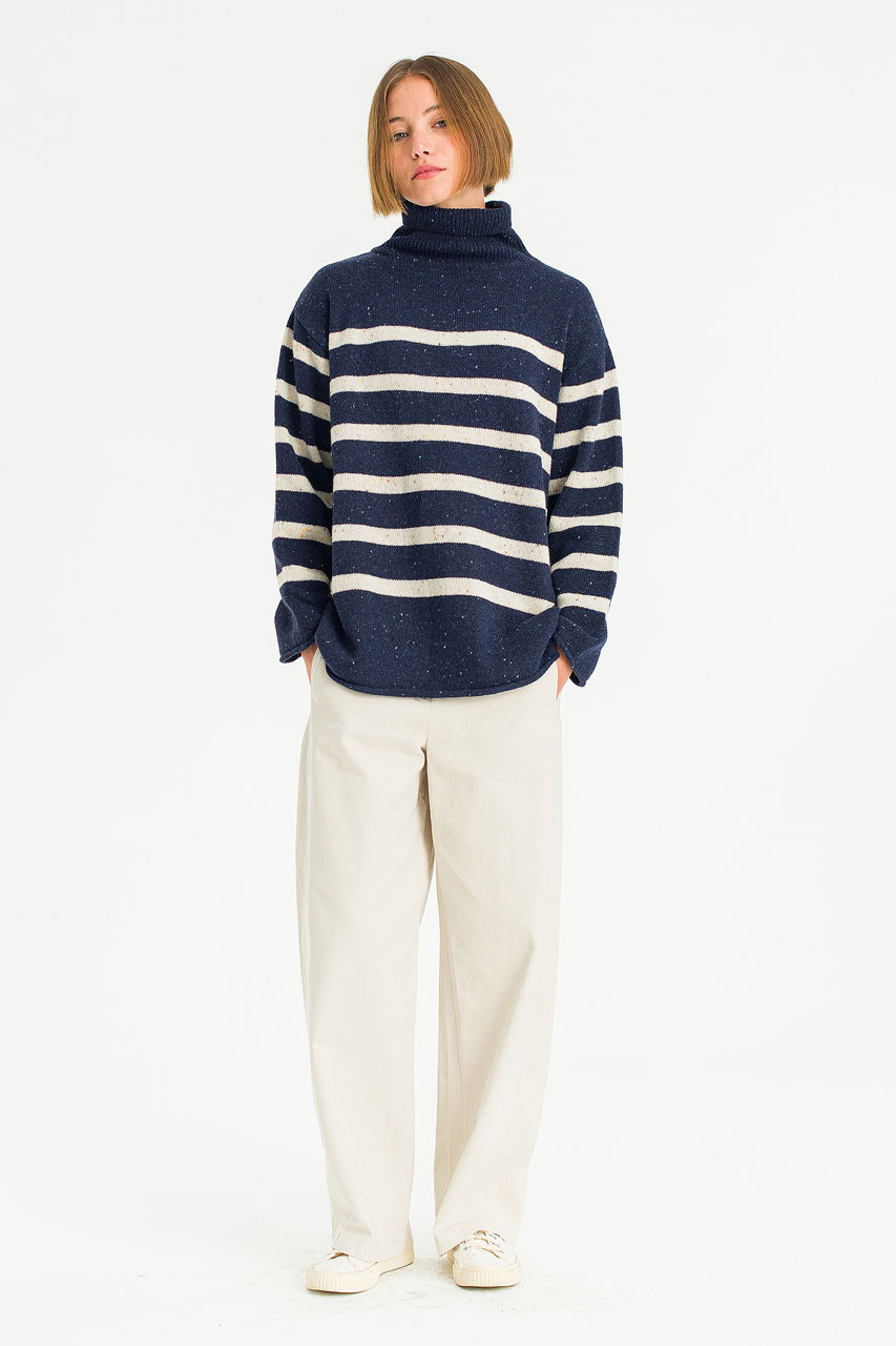 Oversize Stripe Boucle Roll Neck Jumper, Navy/Ivory