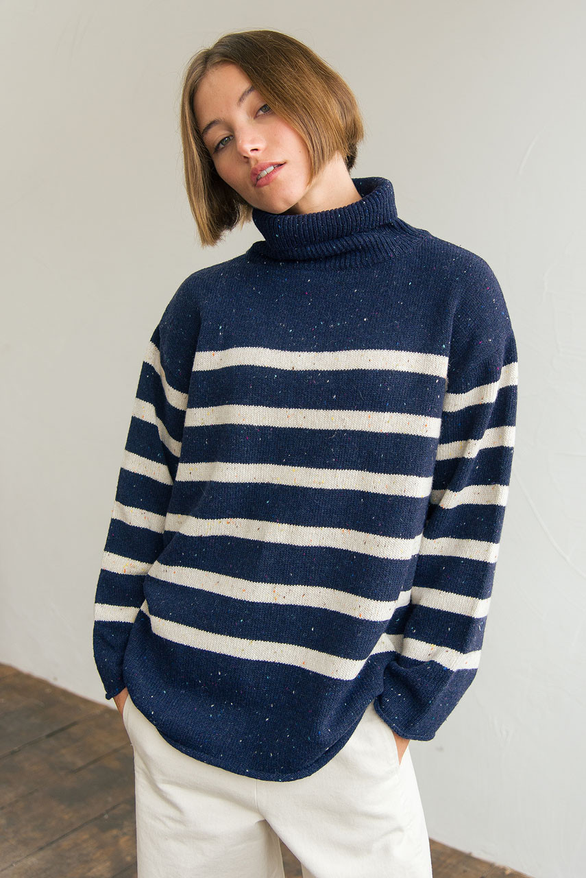 Oversize Stripe Boucle Roll Neck Jumper, Navy/Ivory