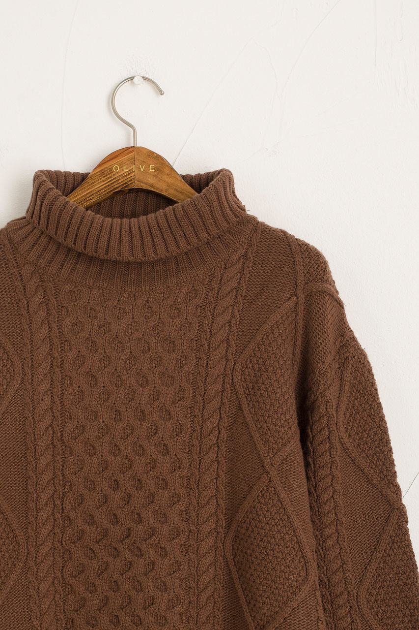 Jay Chunky Cable Roll Neck Jumper, Brown