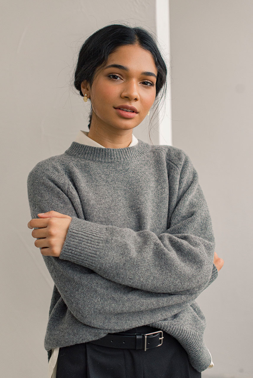 Unbalanced Crew Neck Knit, Charcoal