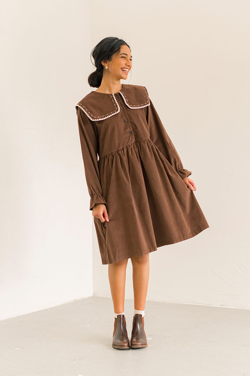 Needlecord Babydoll Dress, Brown
