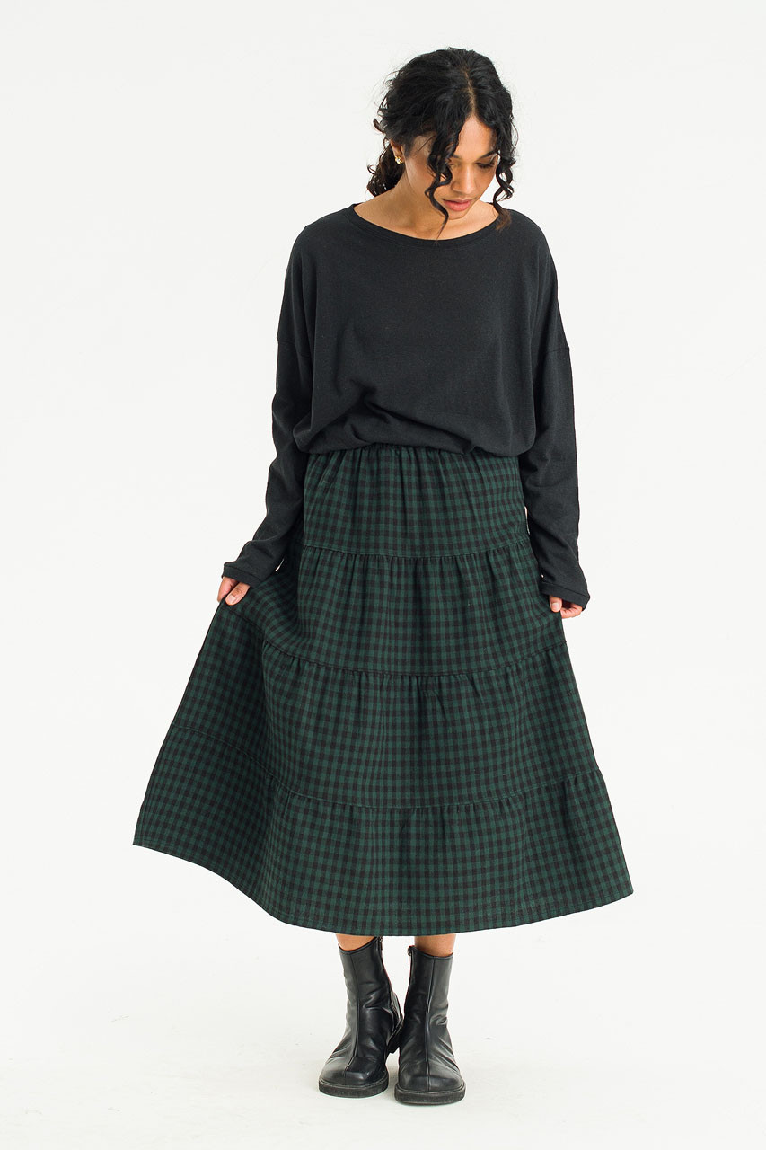 Yua Gingham Tiered Skirt, Green
