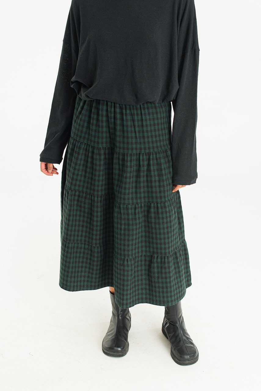 Yua Gingham Tiered Skirt, Green