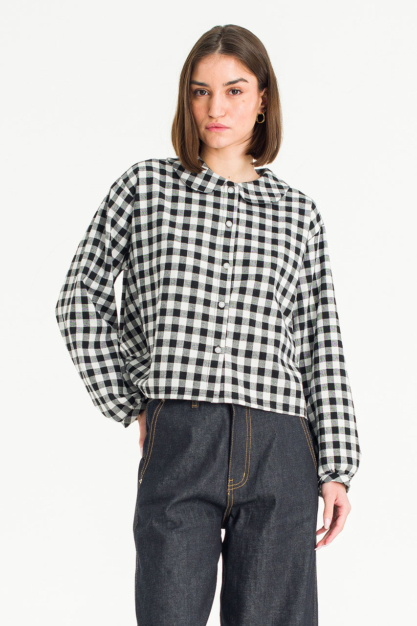 Lace Detail Neck Check Blouse, Black