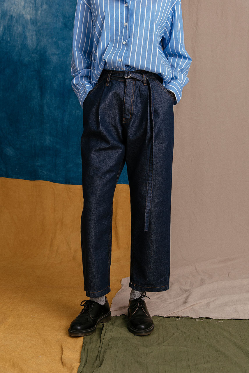 Belted Denim Slacks, Indigo