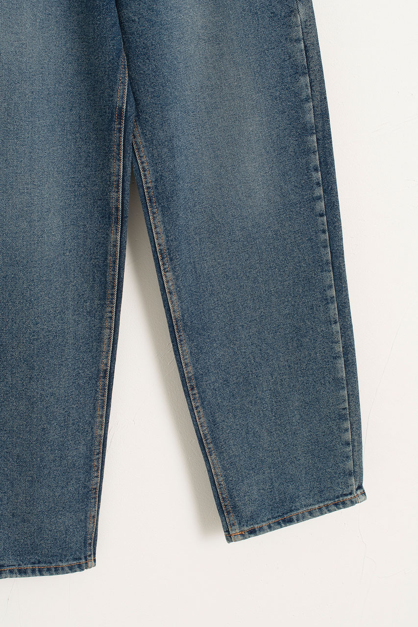 【2plan】Rust Washed Wide Curve Denim Curved Leg Denim Jean, Mid Blue