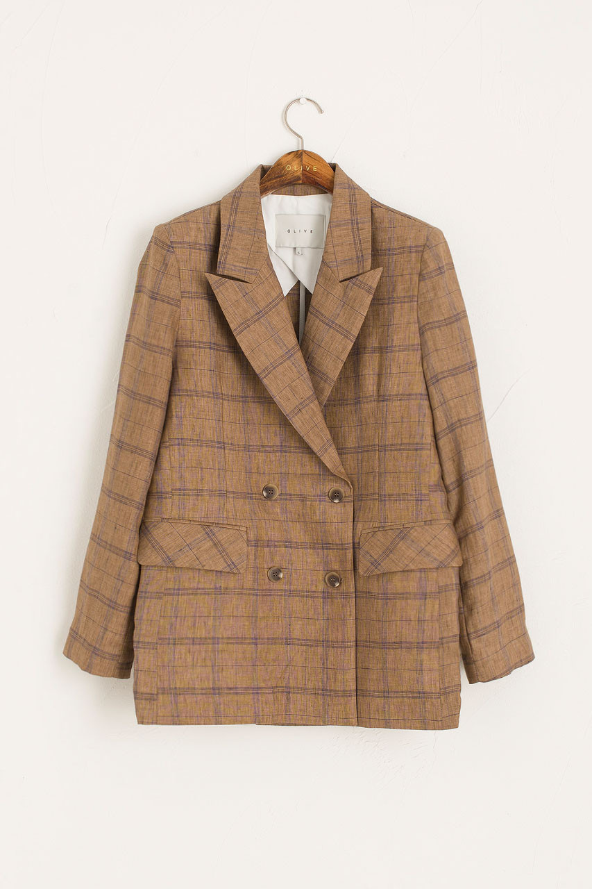 Linen Double Button Check Jacket, Brown