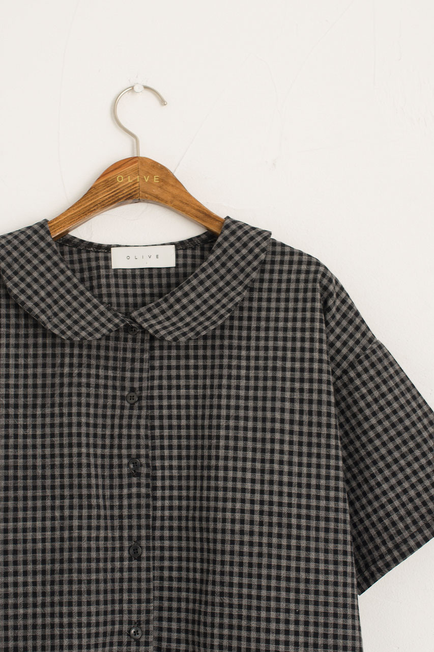 Gingham Check Collar Blouse, Charcoal