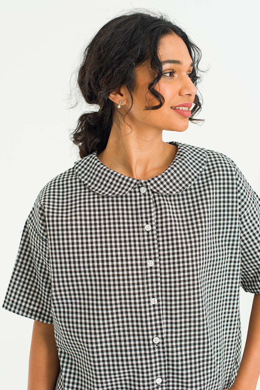 Gingham Check Collar Blouse, Black