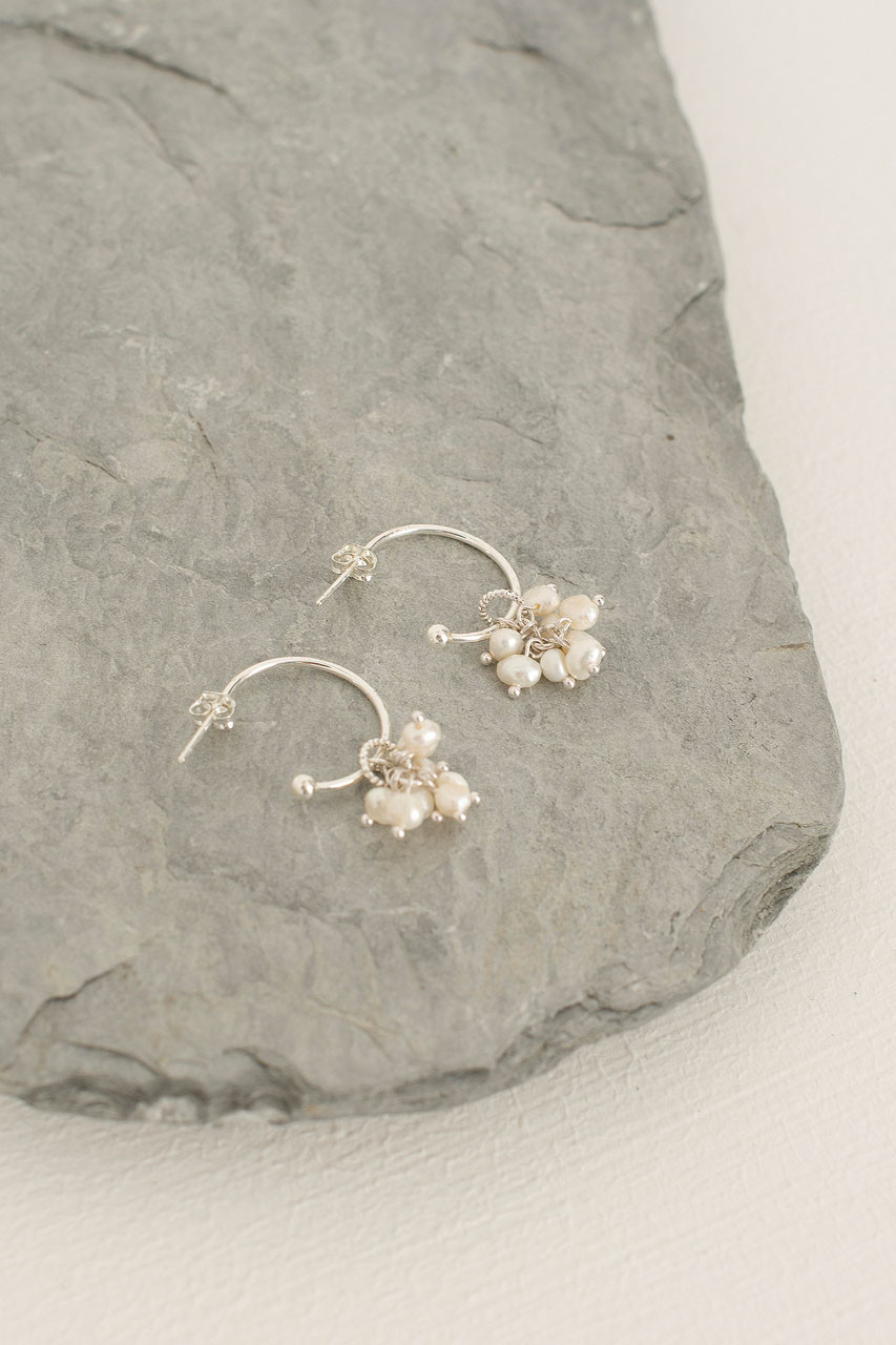 Clustered Pearl Hoop Earrings, Silver Plated