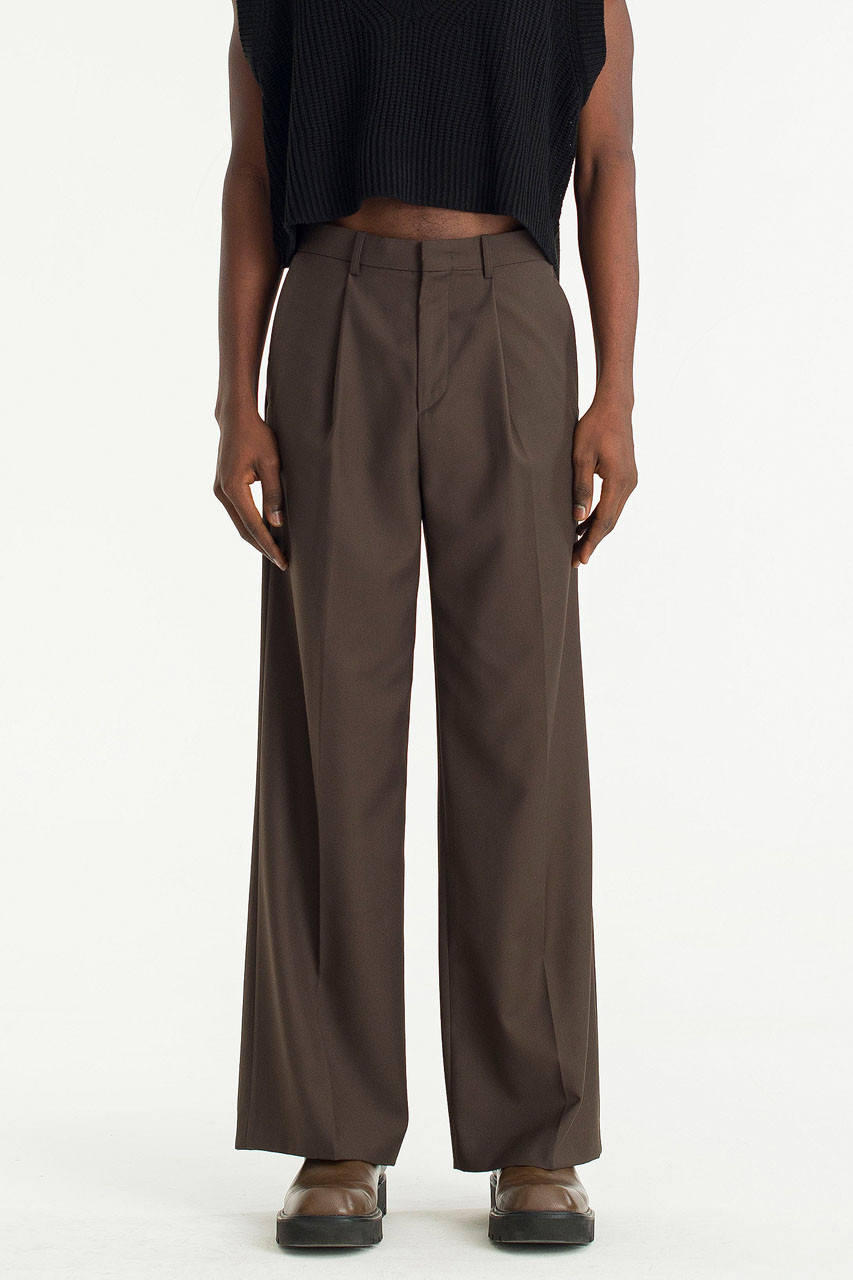 Menswear | Wide Single Pleat Pants, Dark Brown