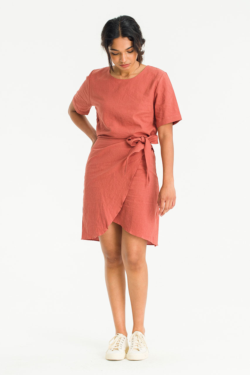 Tulip-Shape Wrap Dress, Brick