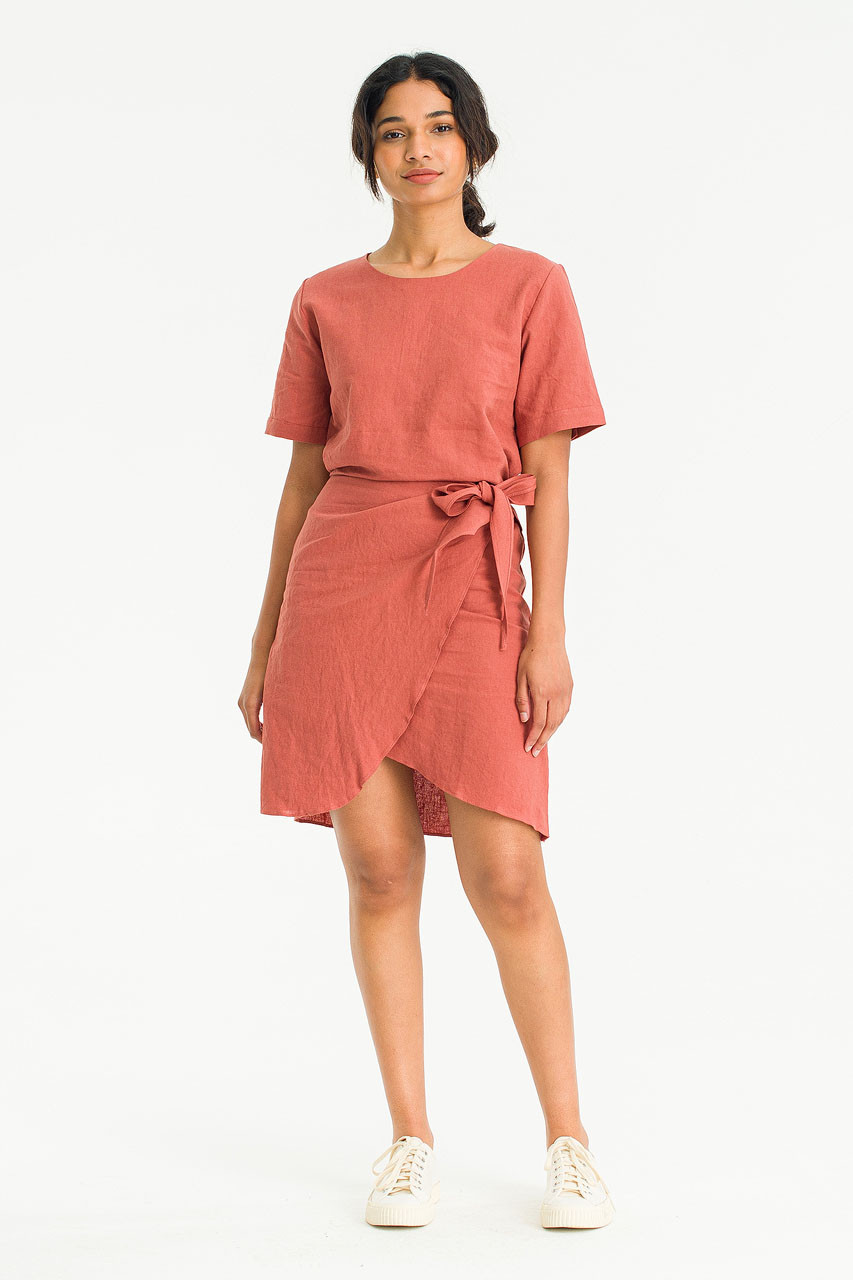 Tulip-Shape Wrap Dress, Brick