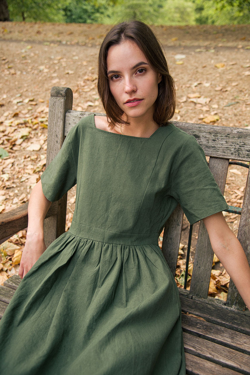 Square Neck Linen Dress, Green