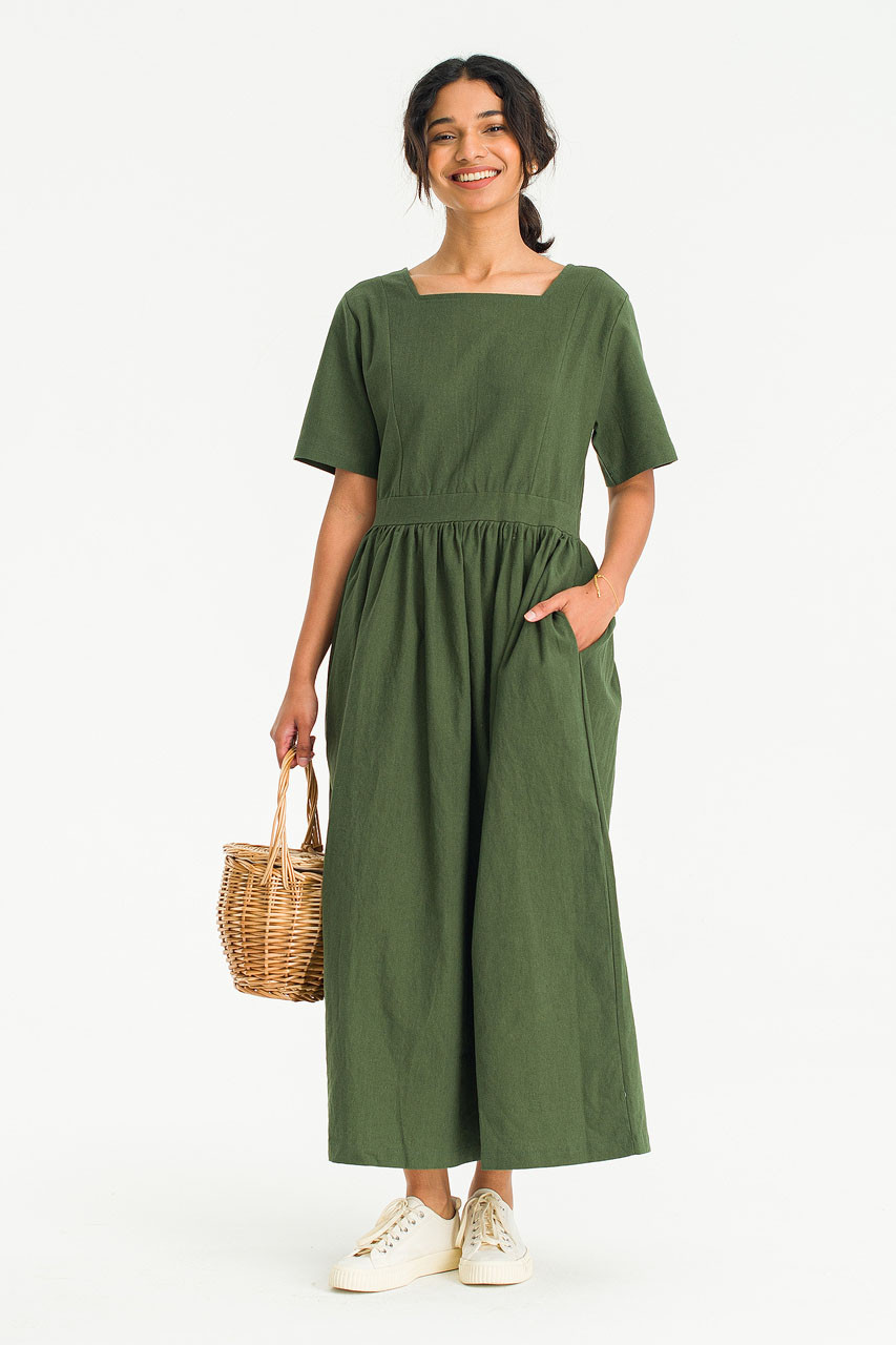 Square Neck Linen Dress, Green