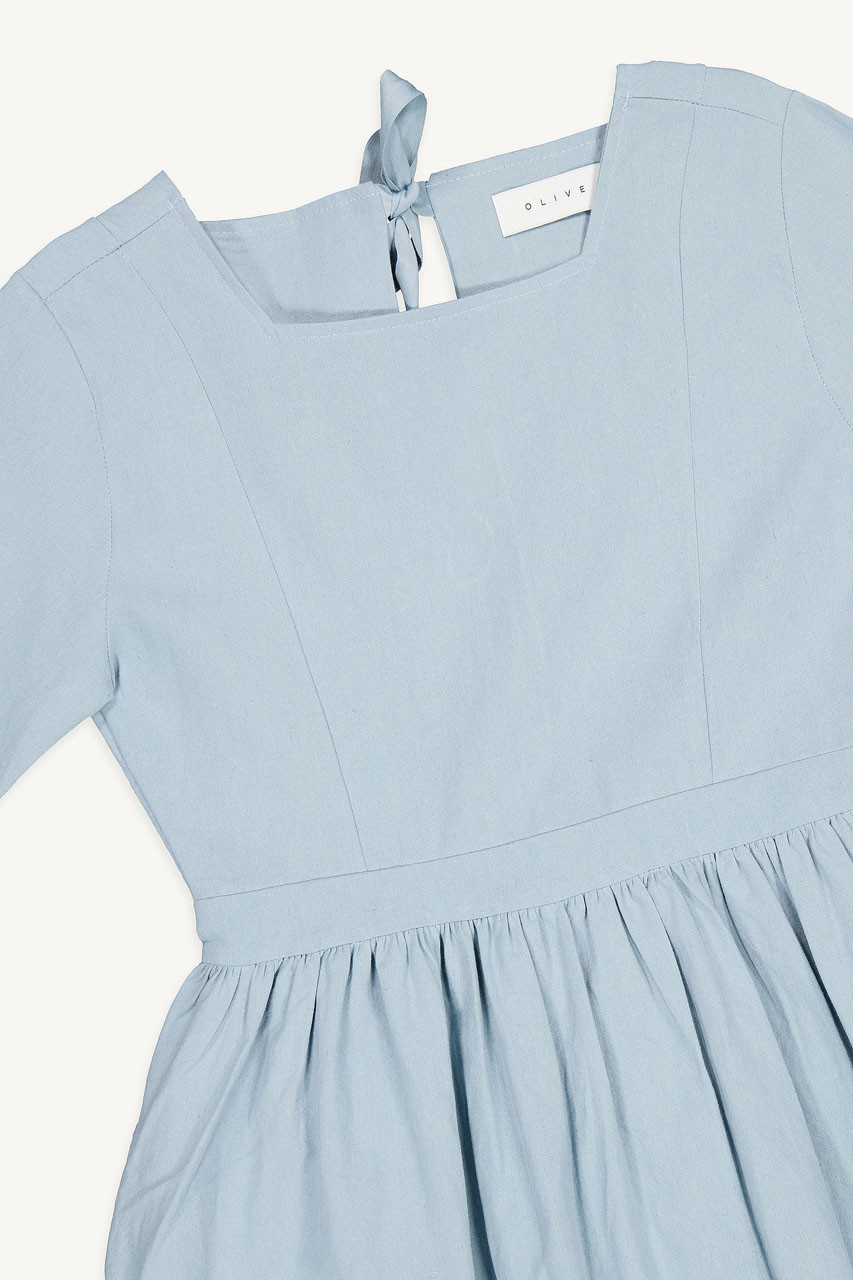 Square Neck Linen Dress, Blue