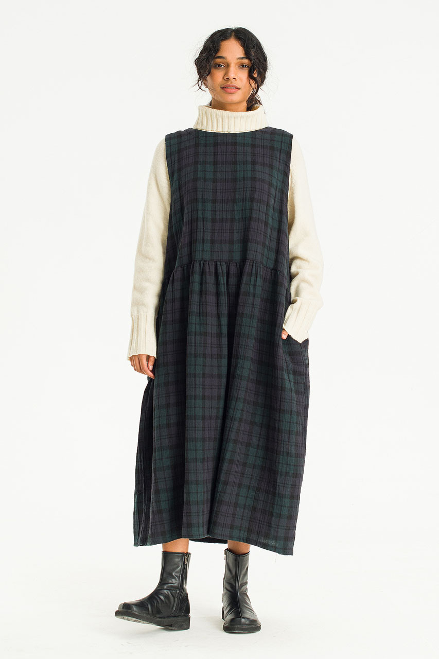 Double Faced Cotton Check Pinafore Dress, Green