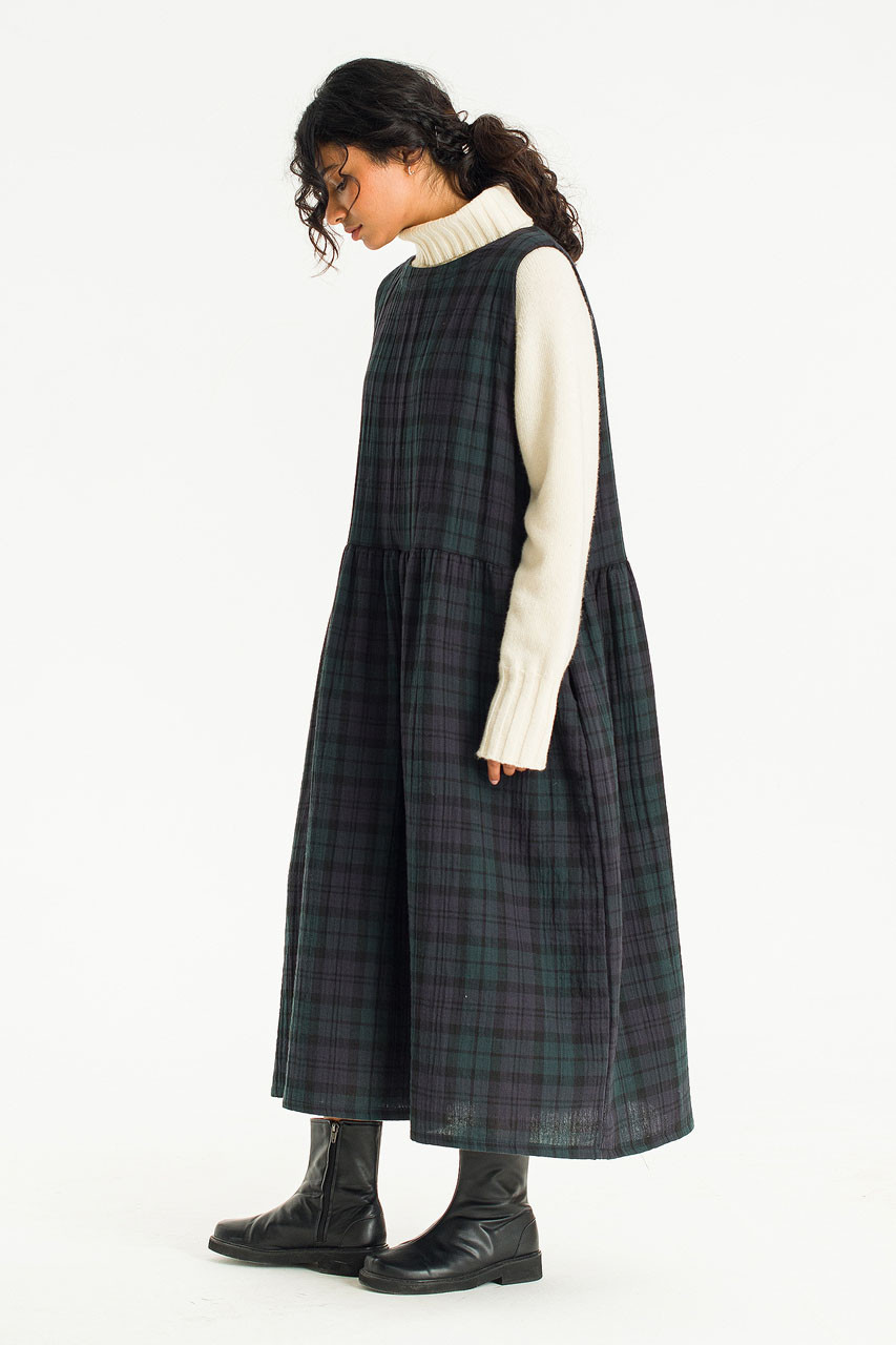 Double Faced Cotton Check Pinafore Dress, Green