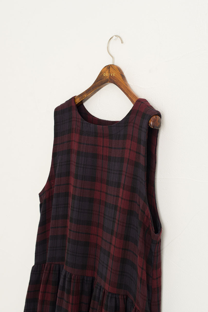 Double Faced Cotton Check Pinafore Dress, Burgundy