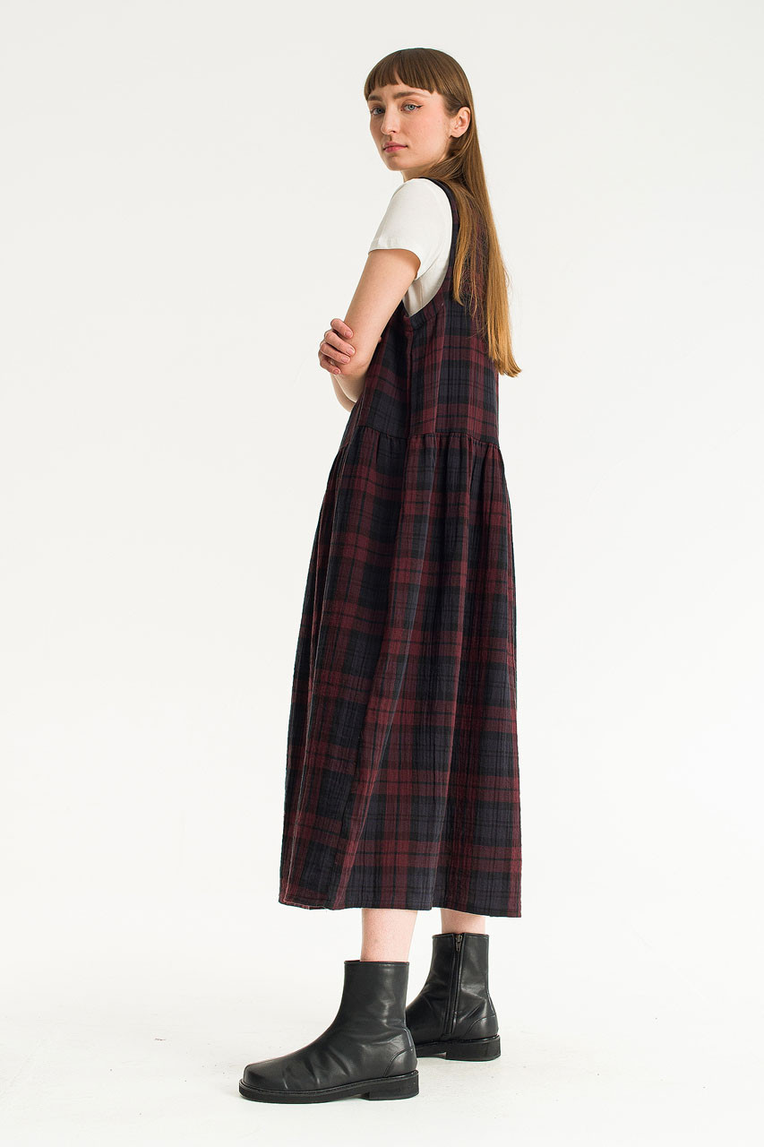 Double Faced Cotton Check Pinafore Dress, Burgundy