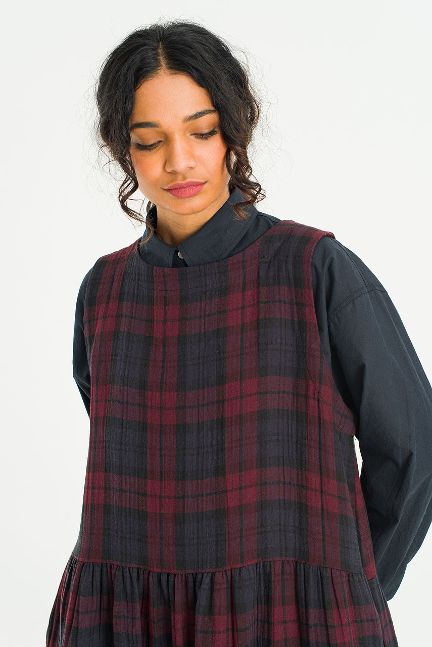 Double Faced Cotton Check Pinafore Dress, Burgundy