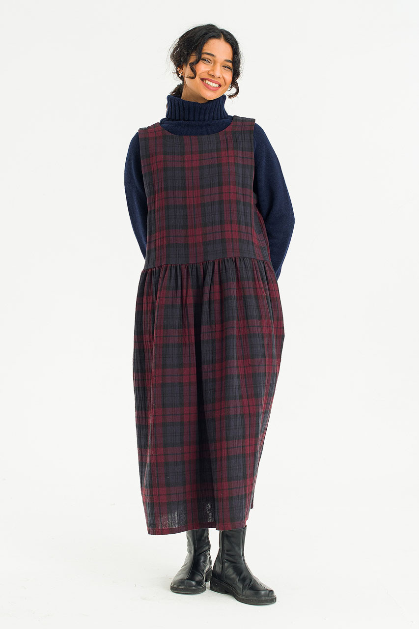 Double Faced Cotton Check Pinafore Dress, Burgundy