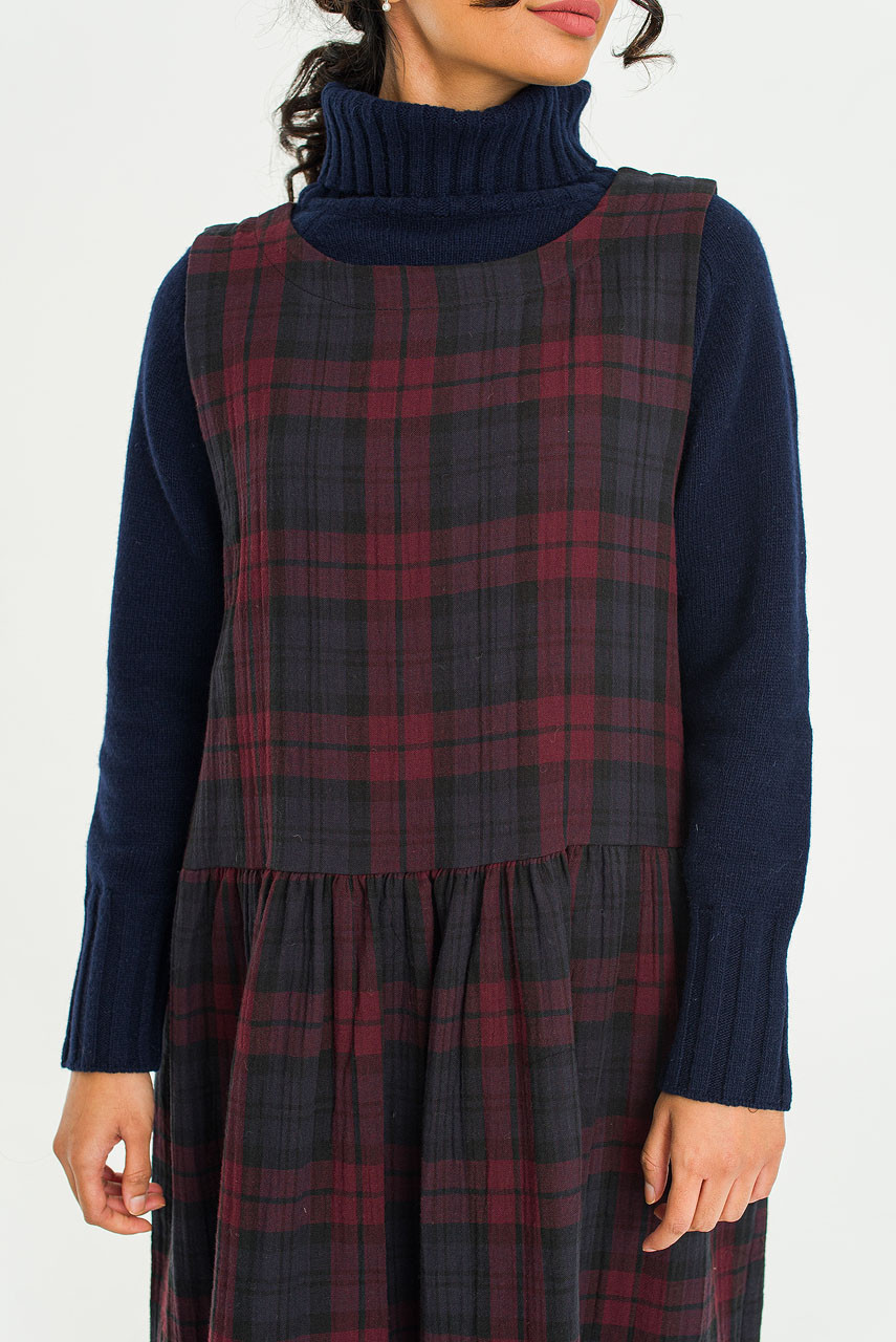 Double Faced Cotton Check Pinafore Dress, Burgundy