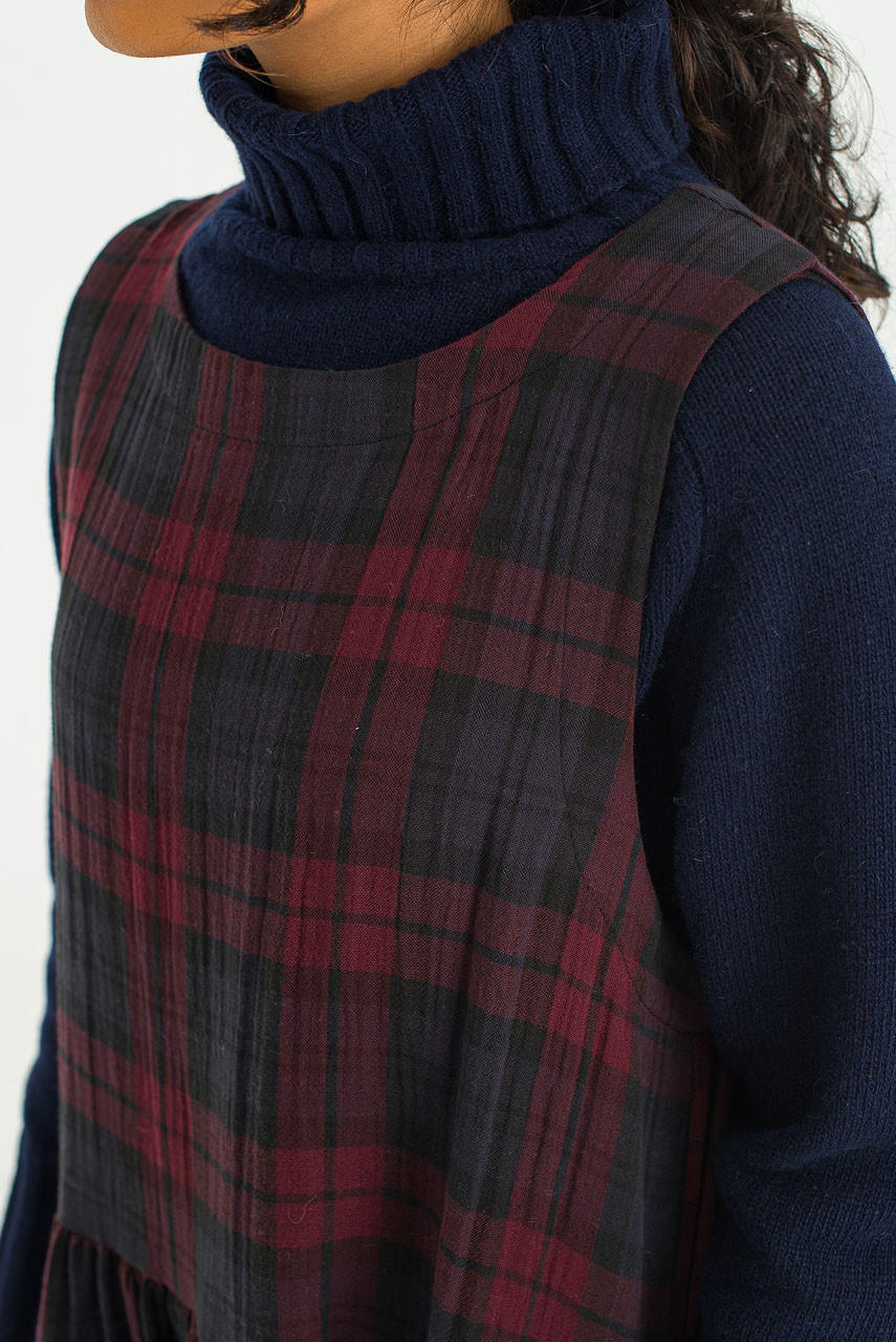 Double Faced Cotton Check Pinafore Dress, Burgundy