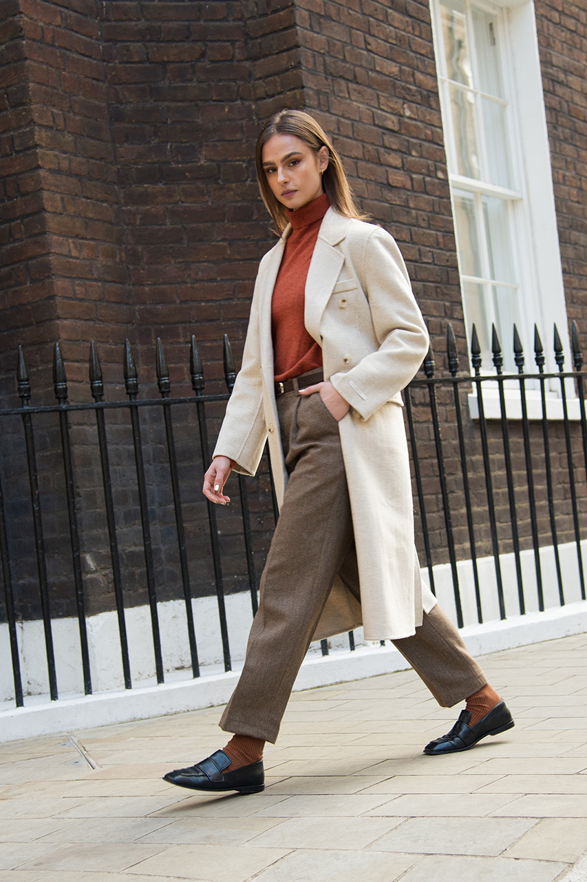 Herringbone Double Button Long Coat, Cream