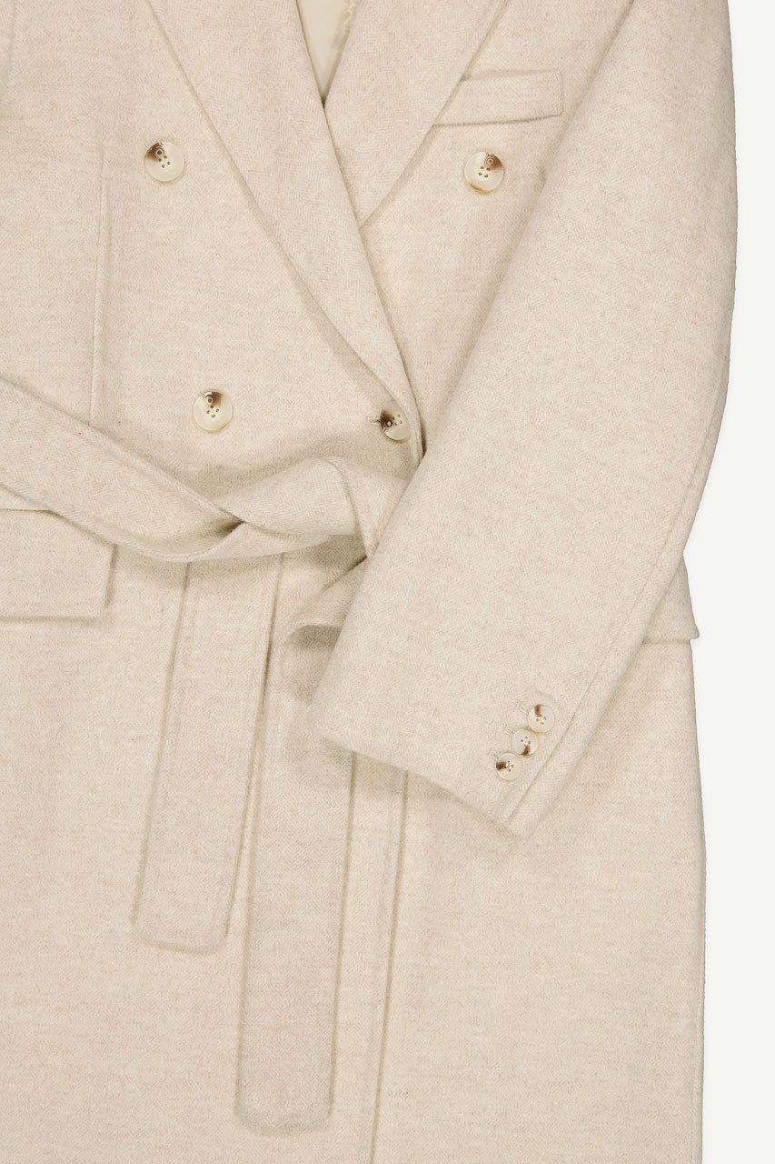 Herringbone Double Button Long Coat, Cream