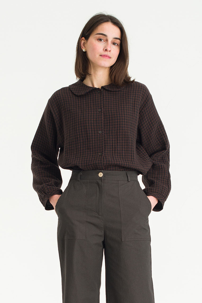 Hoya Peter Pan Collar Gingham Blouse, Brown