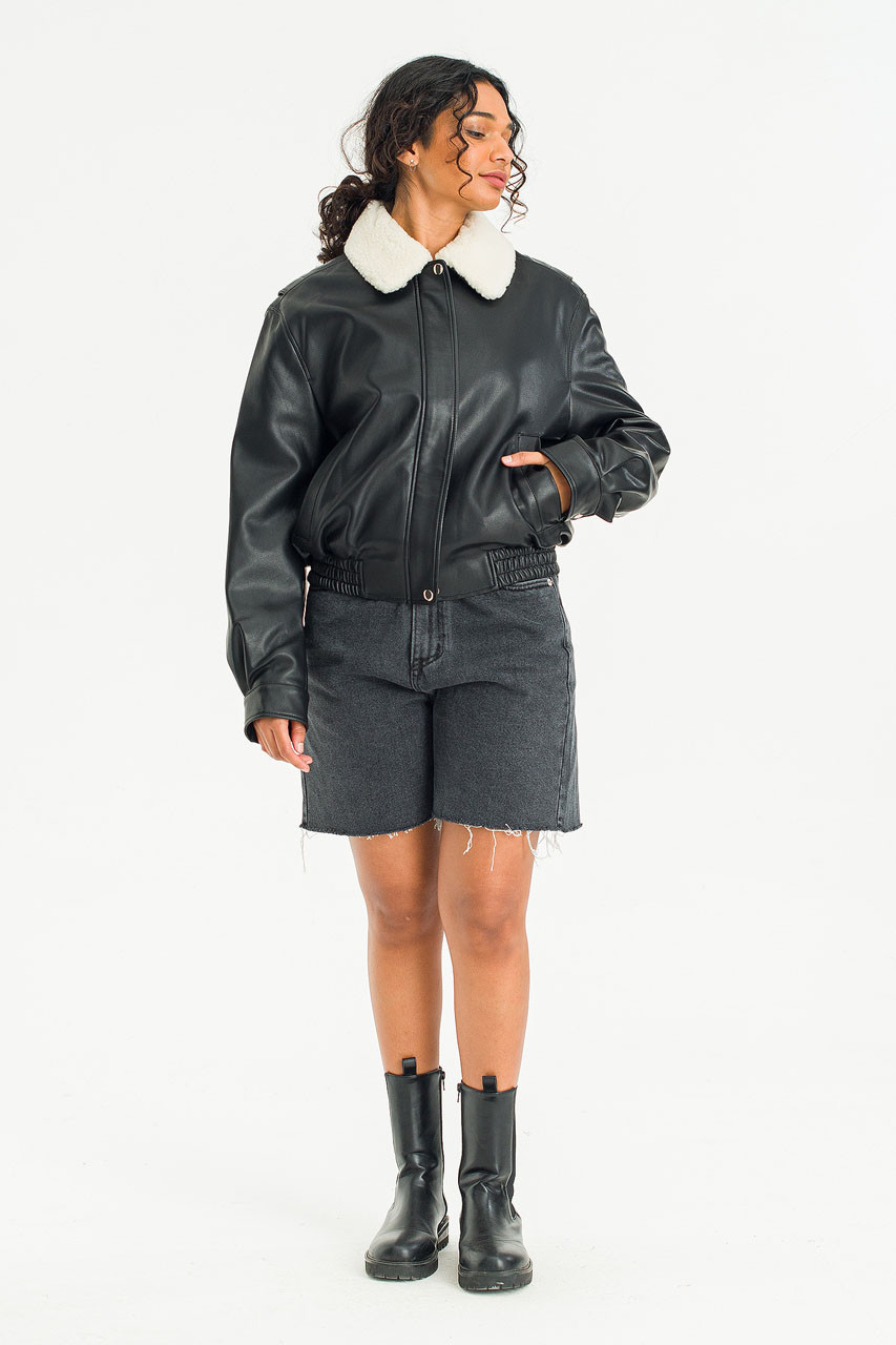 Faux Shearling Collar Aviator Jacket, Black